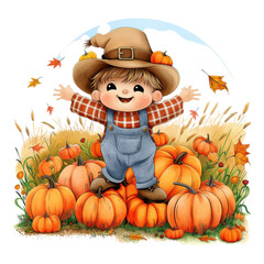 Wall Mural - Happy Child in Pumpkin Patch Celebrating Autumn Harvest Season