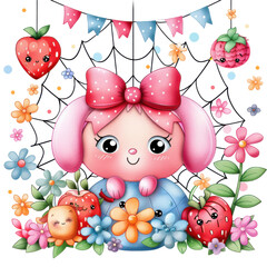 Wall Mural - Cute Cartoon Character Surrounded by Flowers and Strawberries