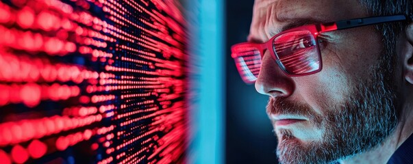 Close-up of a man analyzing data on a digital screen.