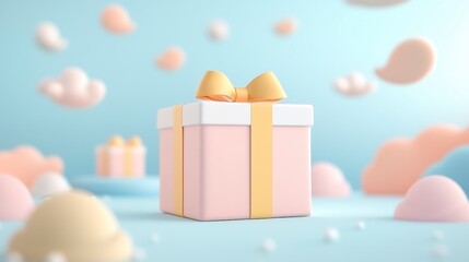 Wall Mural - A whimsical pastel gift box with a yellow bow, surrounded by soft clouds, creating a cheerful and dreamy atmosphere.