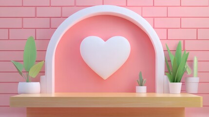 Wall Mural - A minimalist shelf with a heart-shaped decoration and potted plants against a pink brick wall creates a serene and modern atmosphere.