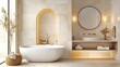 © FarhaStock - Modern minimalist bathroom design with freestanding bathtub and warm decorative accents