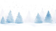 © Thamrong - A soft January winter watercolor scene with snowy pine trees painted in delicate blues and whites, their branches dusted with frost. The sky blends gentle hues of pale blue and gray, with soft