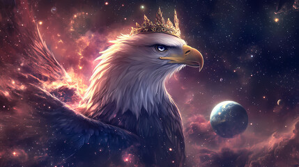 Wall Mural - white eagle with crown on his head in space with stars and planets. nebulosa. illustration