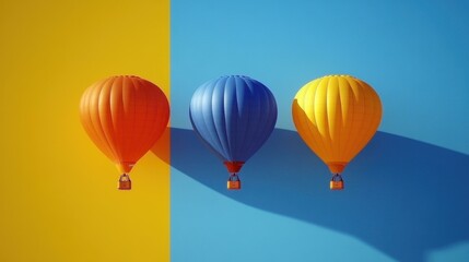  Three colorful hot air balloons orange blue yellow flying in clear sky perfect for travel adventure vacation background summer bright sunny day vibrant atmosphere clouds