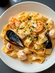 Delicious seafood fettuccine with shrimp and mussels restaurant setting culinary cozy atmosphere close-up view gastronomic delight