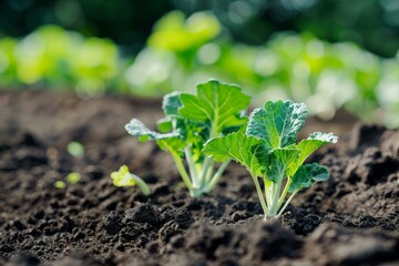 Wall Mural - Close up of vibrant green cabbage seedlings flourishing in rich, dark soil, promising a bountiful harvest