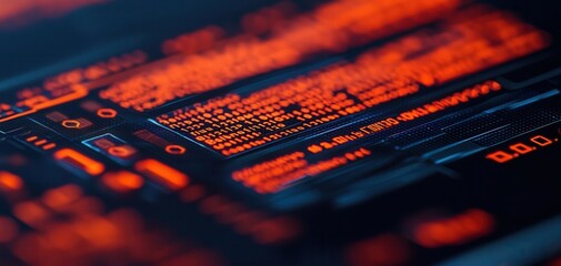 Fototapete - A close-up view of a digital interface displaying glowing red code and data, emphasizing technology and programming.