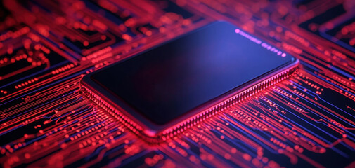 Poster - A sleek smartphone rests on a vibrant red circuit board, symbolizing the fusion of technology and innovation in a digital landscape.