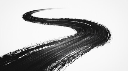 A long road made of thin black ink brush stroke on a white background.