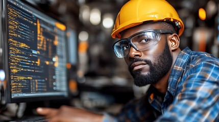 Focused engineer reviewing code on computer.