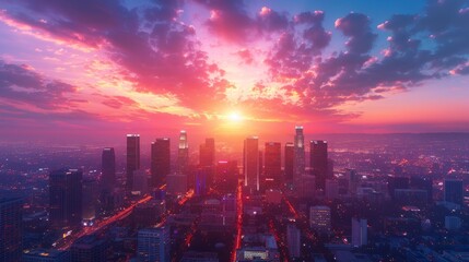 Wall Mural - Vibrant sunset over a cityscape at dusk.