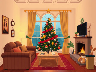 Wall Mural - A cartoonish Christmas scene with a large tree in the middle of the room. The room is decorated with a wreath on the wall and a clock on the wall. There is a couch and a coffee table in the room