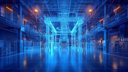 Wireframe model of industrial factory interior with machinery and lighting.