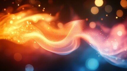 Abstract glowing orange and blue smoke waves flowing dynamic energy, digital art for technology background, futuristic design with bokeh lights and dark blurred backdrop, vibrant colorful atmosphere