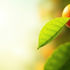 Detail of a single green leaf on the branch with orange in background, leaves, branch