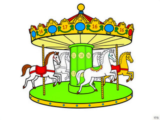 A carousel with horses on it. The horses are white and brown. The carousel is green and yellow