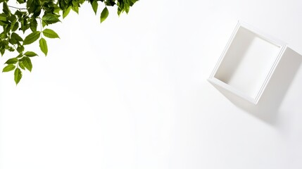 Wall Mural - A minimalist image featuring green leaves on a white background, with a small white square object positioned in the frame.