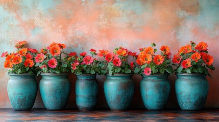 Canvas Print - Vibrant orange flowers in rustic teal pots against a textured wall.