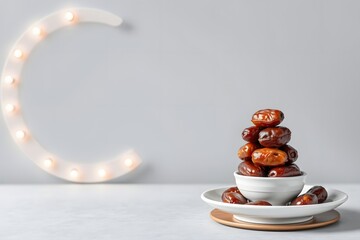 A decorative arrangement of dates in bowls with a lit letter 'C' in the background.