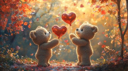 Wall Mural - Two adorable teddy bears hold heart-shaped balloons amidst a picturesque autumn setting, symbolizing love and friendship.