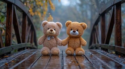 Wall Mural - Two cute teddy bears hold hands on a wooden bridge in a misty, serene setting, surrounded by autumn foliage and wet wooden planks.