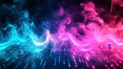 Abstract colorful smoke blue pink swirling over digital binary code background, futuristic technology concept, suitable for cyber security, innovation, data analysis themes, dark vibrant neon atmosph