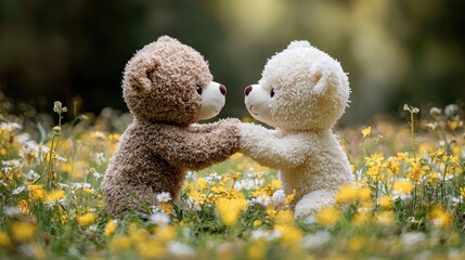 Wall Mural - Two adorable teddy bears hold hands amidst a vibrant field of flowers, symbolizing friendship and love in a serene, natural setting.