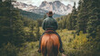© Infinity Lens - Rear back view of cowboy man wearing a hat, riding a horse animal in the mountain, copy space. wild usa america west, vintage outdoor nature travel landscape, retro country ranch.
