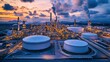 © EFA - Industrial landscape at sunset with storage tanks and smokestacks.
