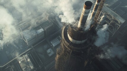 Wall Mural - Industrial emission control urban power plant aerial view smokestacks pollution impact environmental awareness