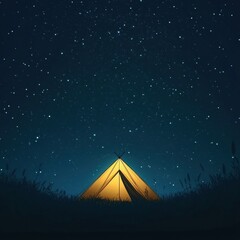 Poster - Starry night sky above a glowing tent nestled in a tranquil outdoor setting. Generative AI