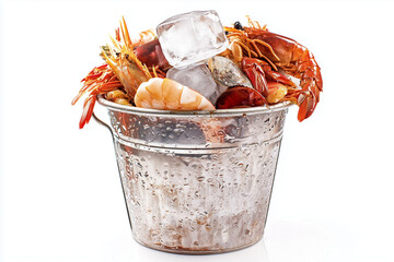 Wall Mural - Selective focus cooked shrimp, shell and fish in metal bucket isolated on white background, Seafood bucket in stainless bucket on white.