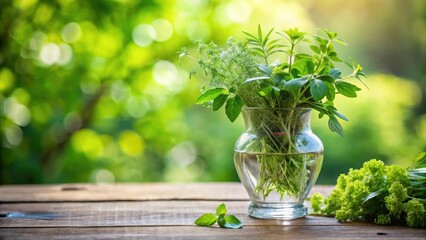 Wall Mural - Fresh herb sprigs arranged in a decorative vase filled with water and surrounded by greenery, garden, floral,  garden