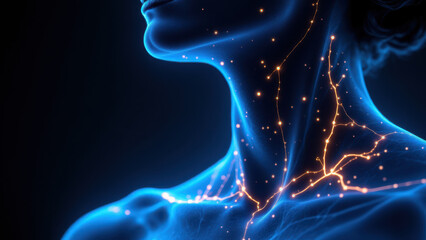 Poster - A detailed medical illustration of a person's neck with highlighted Vagus Nerve Stimulation (VNS) and glowing blue muscles and nerves.