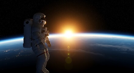 Wall Mural - an astronaut floating in zero gravity, silhouetted against the earth and a rising sun