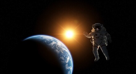 Wall Mural - an astronaut floating in zero gravity, silhouetted against the earth and a rising sun
