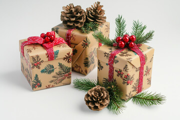 Selective focus group of christmas theme wrapping gift box isolated on white background, Christmas present box with ornament and pine cone on white background.