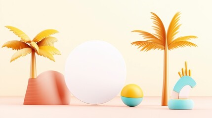 Wall Mural - A colorful, minimalistic summer scene featuring stylized palm trees, geometric shapes, and a glowing white sphere against a soft background.