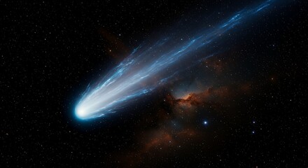 a close-up of a comet streaking through space, its icy tail illuminated by starlight
