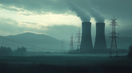 Wall Mural - Industrial smoke emission event at power plant mountain landscape atmospheric photography gloomy environment distant view pollution awareness