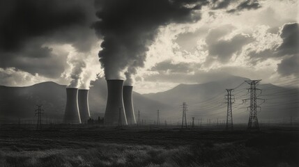 Wall Mural - Industrial pollution power plant emissions rural landscape black and white photography dystopian atmosphere wide angle environmental awareness