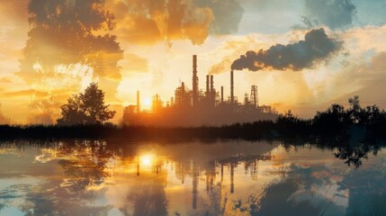 Wall Mural - Industrial pollution impact on sunrise reflection chemical plant environmental photography urban landscape aerial view sustainability awareness