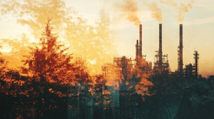 Wall Mural - Industrial pollution impact on nature at sunset urban environment photography atmospheric view environmental awareness