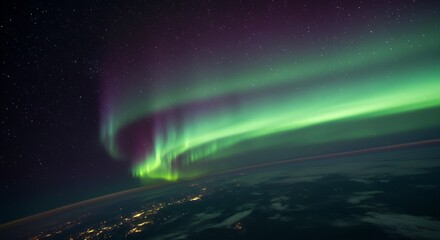 Wall Mural - a vibrant aurora borealis seen from a space station orbiting earth.