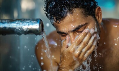 A man is washing his face with water from a faucet