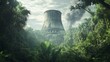 © nikomsolftwaer - Industrial ruins entwined with nature abandoned power plant in lush jungle digital art surreal atmosphere wide angle view environmental reflection