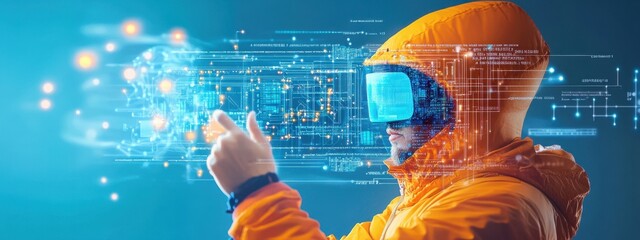 Futuristic Technology and Virtual Reality Concept with Person in Orange Hooded Jacket Using Headset to Interact with Digital Interface and Data Visualization Elements