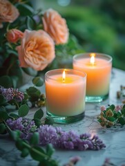 Wall Mural - Lit candles on a marble surface with a soft-focus background of green foliage and flowers.