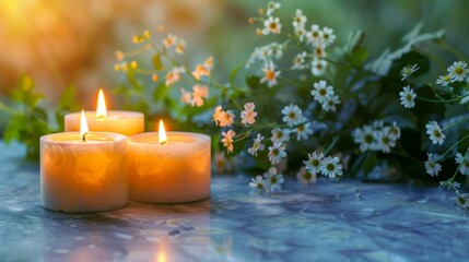 Wall Mural - Lit candles on a marble surface with a soft-focus background of green foliage and flowers.